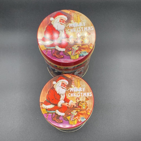 Vintage Two 80s Santa Airtight Round Metal Cookie Candy Food Containers - Picture 4 of 14